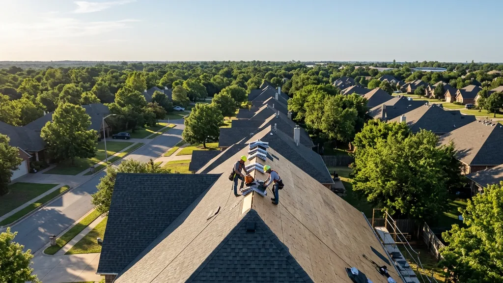 Aerial view of a completed roof replacement on an Oklahoma City home