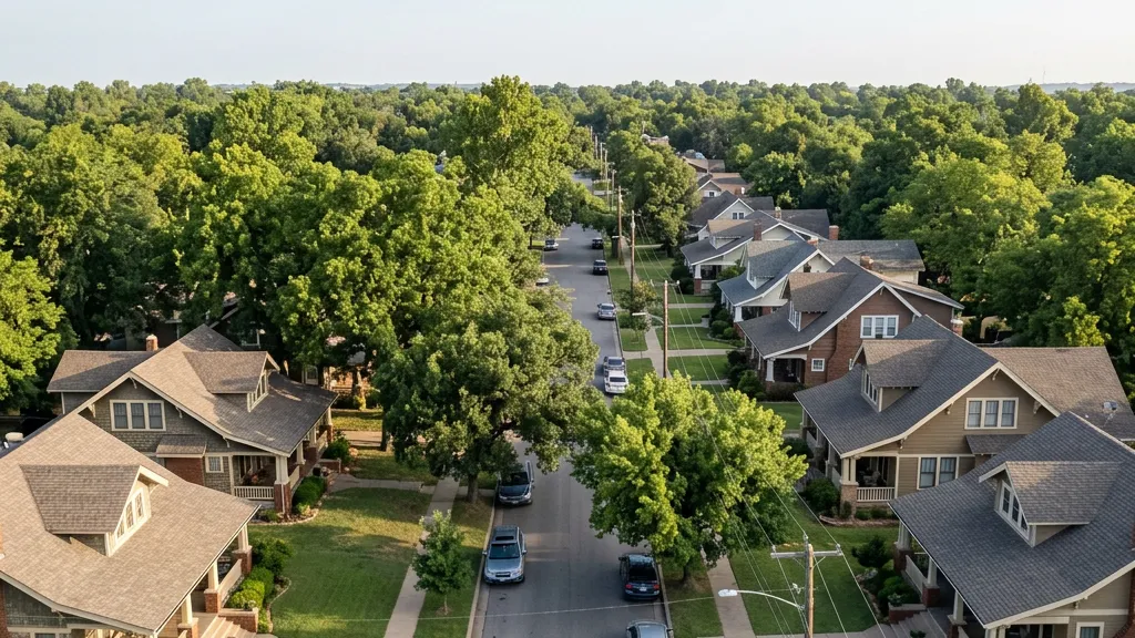 Aerial view of a completed roof replacement on an Oklahoma City home