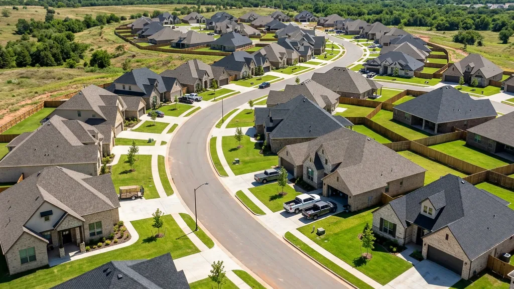 Aerial view of a completed roof replacement on an Oklahoma City home