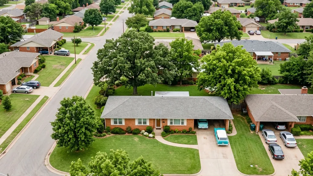 Aerial view of a completed roof replacement on an Oklahoma City home