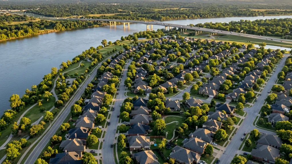 Aerial view of a completed roof replacement on an Oklahoma City home