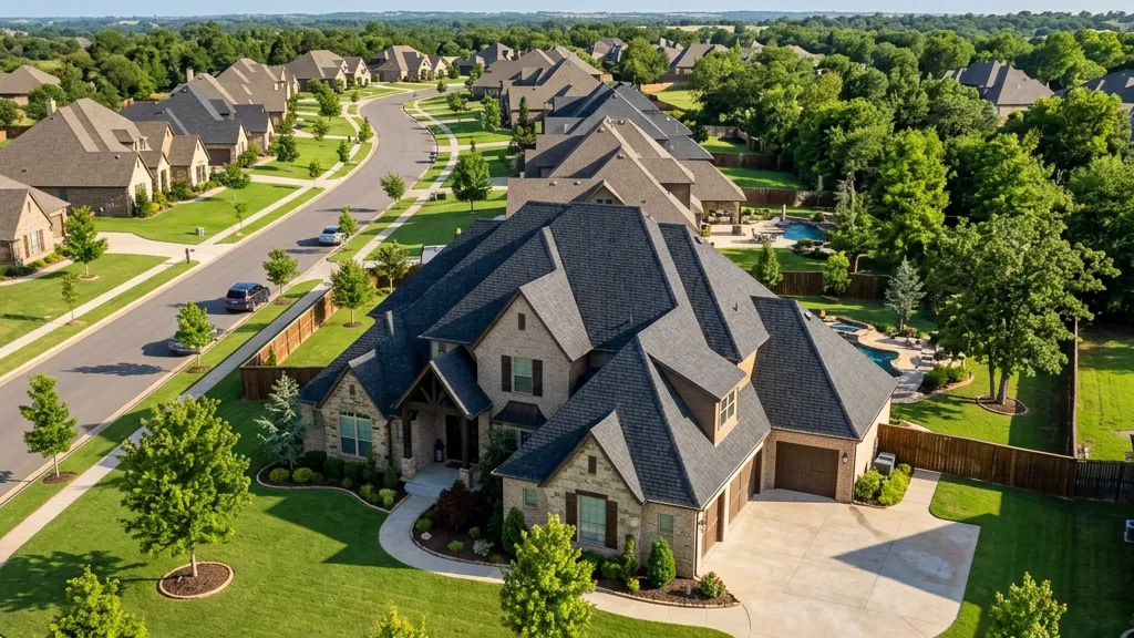 Aerial view of a completed roof replacement on an Oklahoma City home