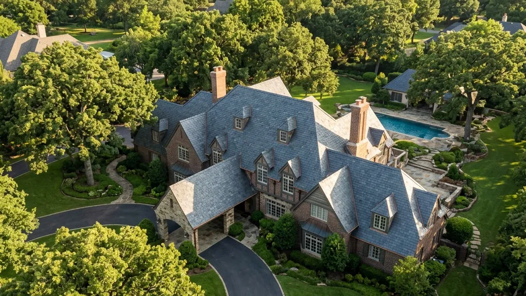 Aerial view of a completed roof replacement on an Oklahoma City home
