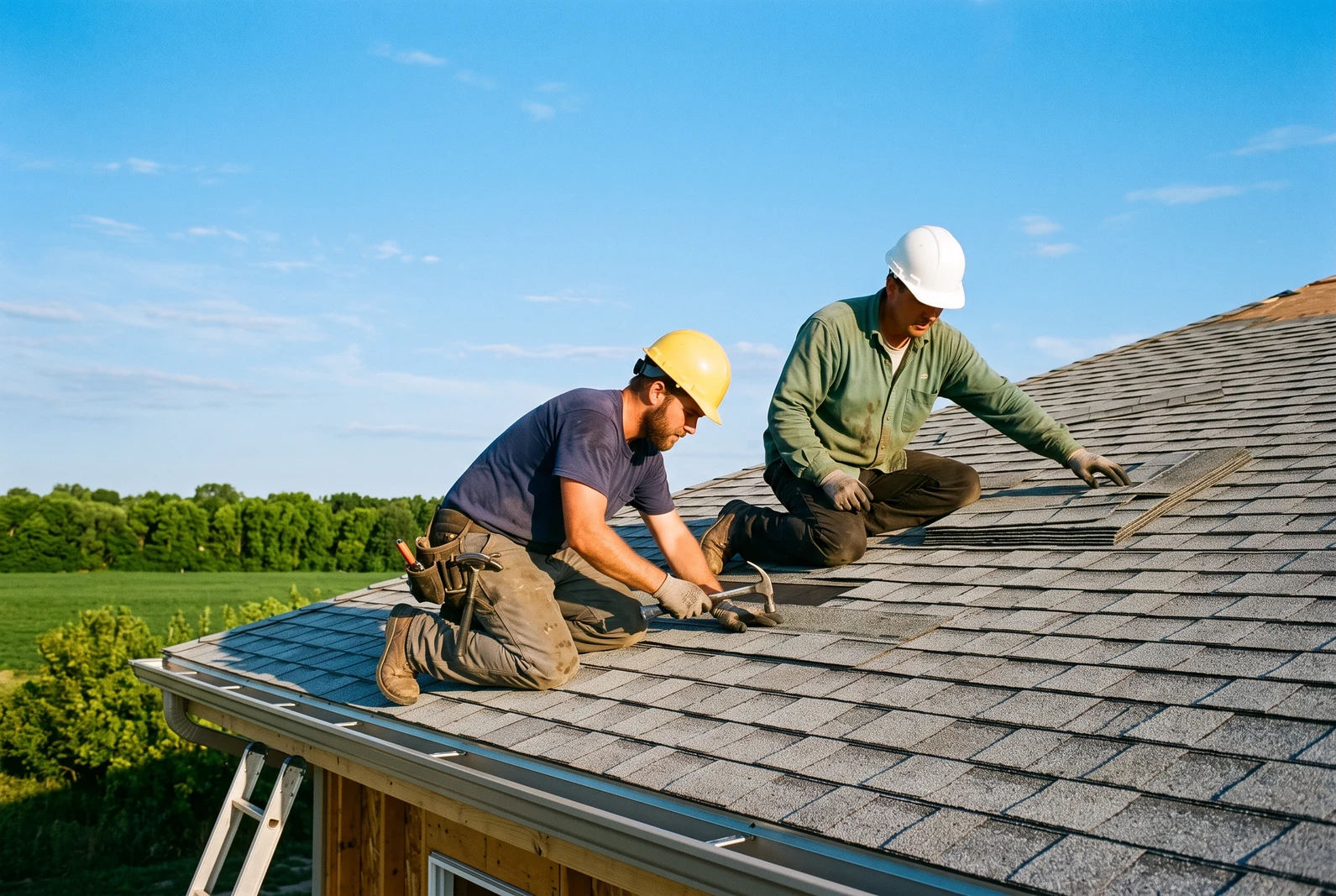 Roofing crew installing shingles on a residential roof