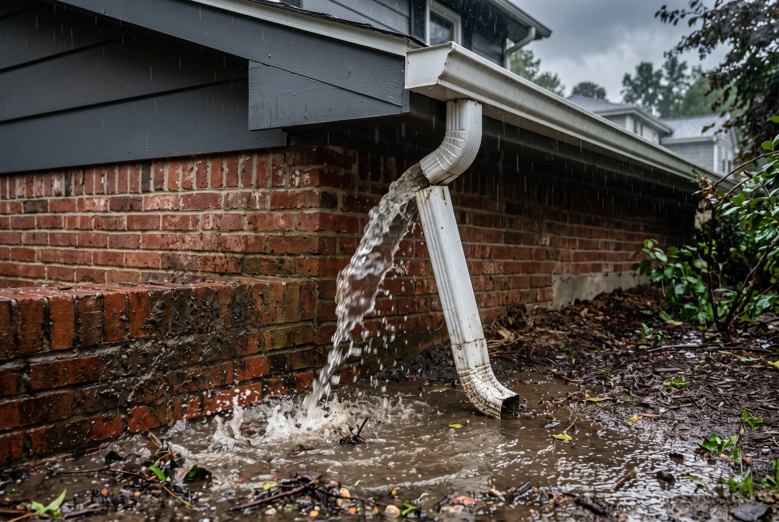 A downspout separated at the elbow, water gushing out and pooling against the house foundation