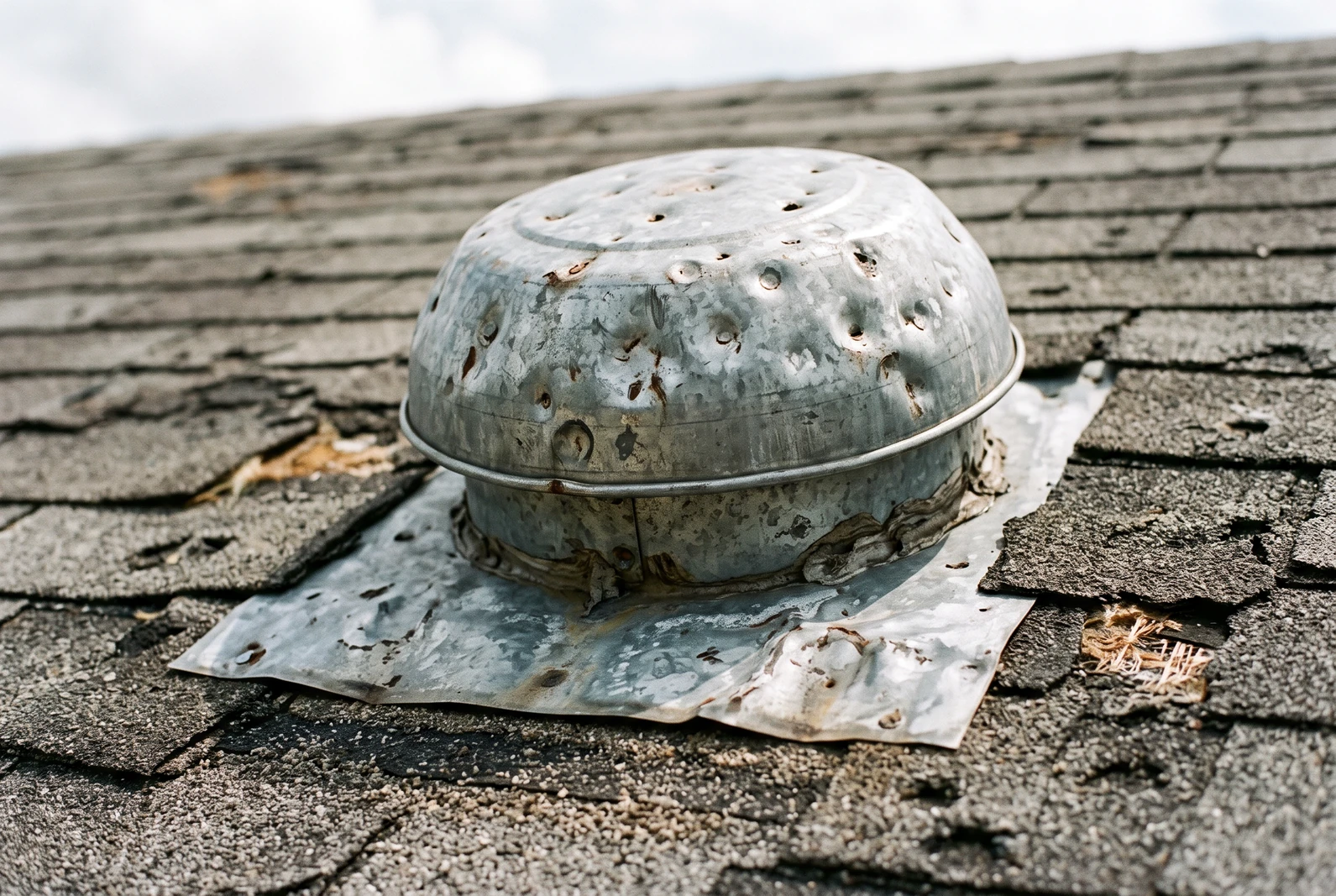 A metal roof vent and its flashing dented by hail, with granule loss on the shingles around it