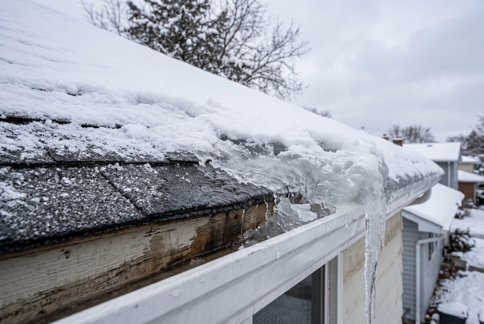 A gutter packed solid with ice, meltwater backing up under the bottom course of shingles