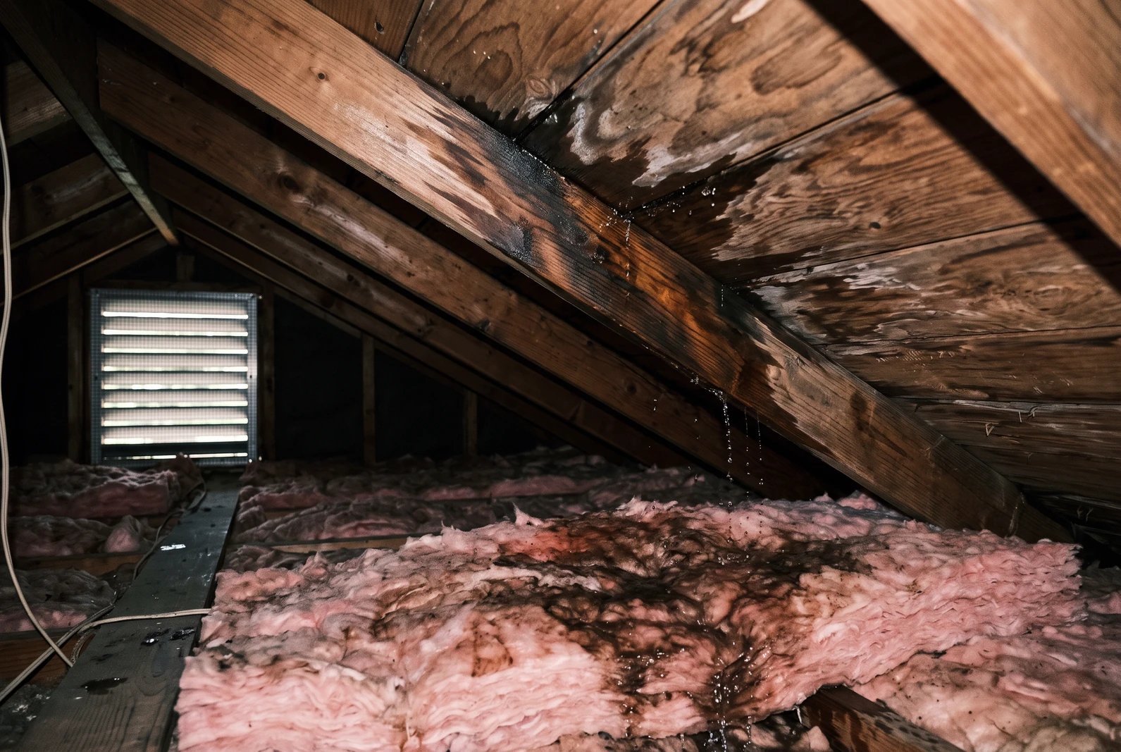 Water seeping through roof decking in an attic and dripping onto darkened wet insulation below