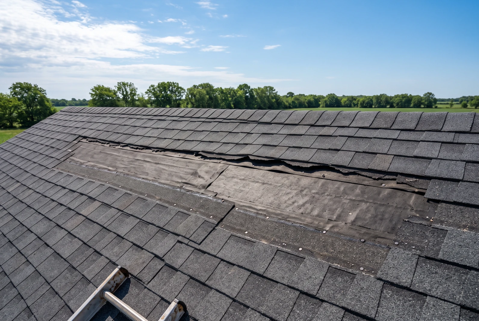 A full course of shingles missing from a roof slope, leaving a clean strip of exposed underlayment