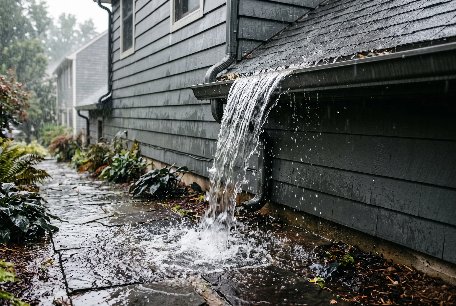 A gutter overflowing in heavy rain, water sheeting over the front lip onto the walkway below