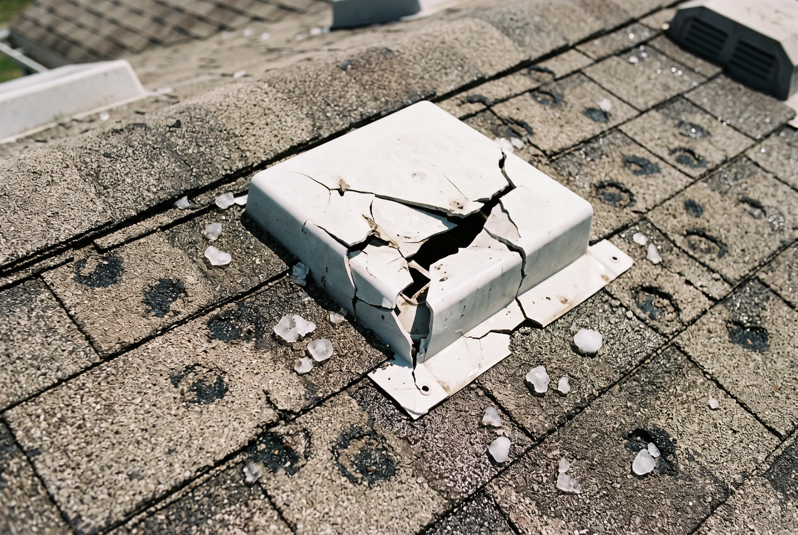A hail-cracked plastic roof vent cover with bruised shingles and hailstones still on the roof