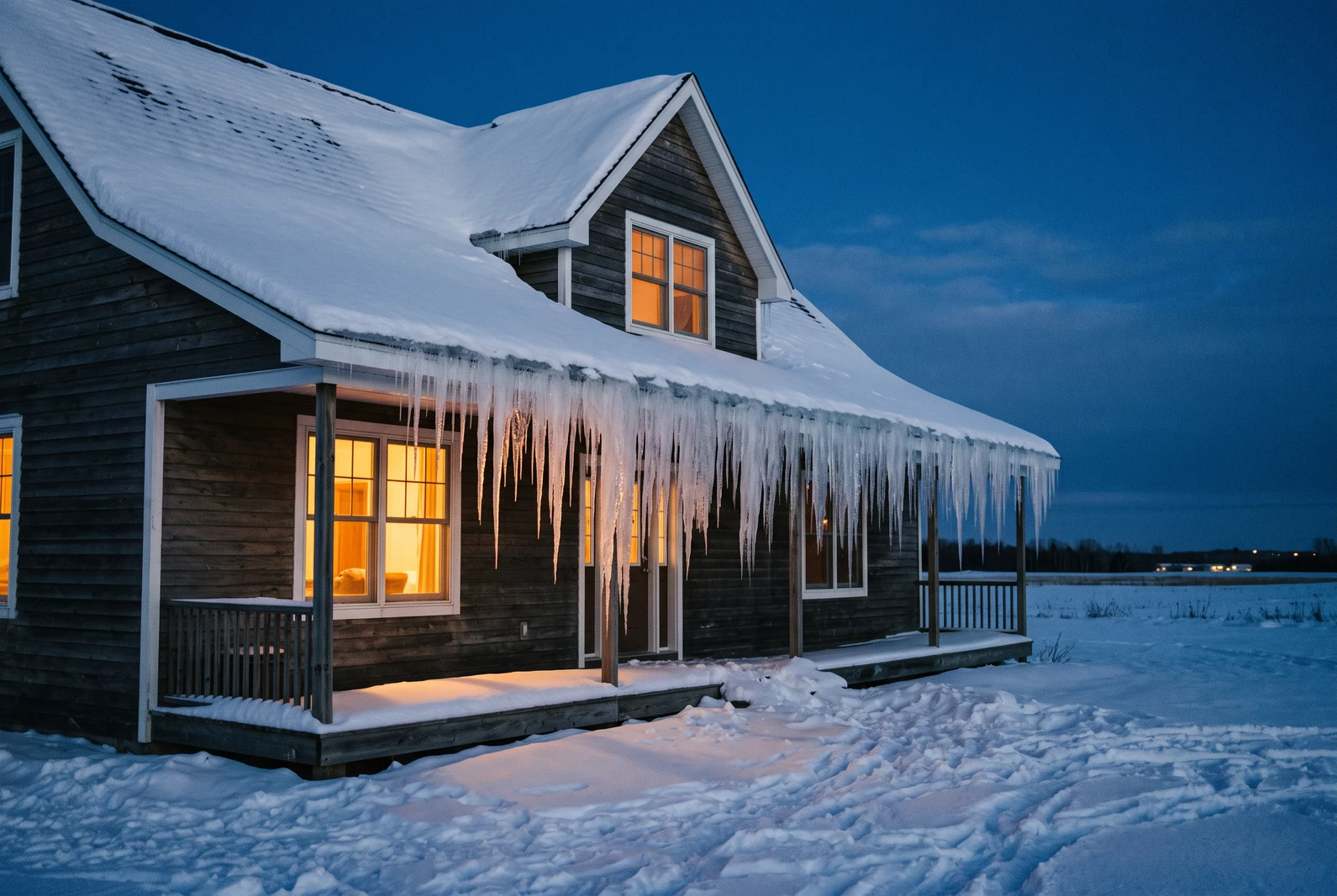 A long row of icicles hanging from a snow-covered roofline at dusk