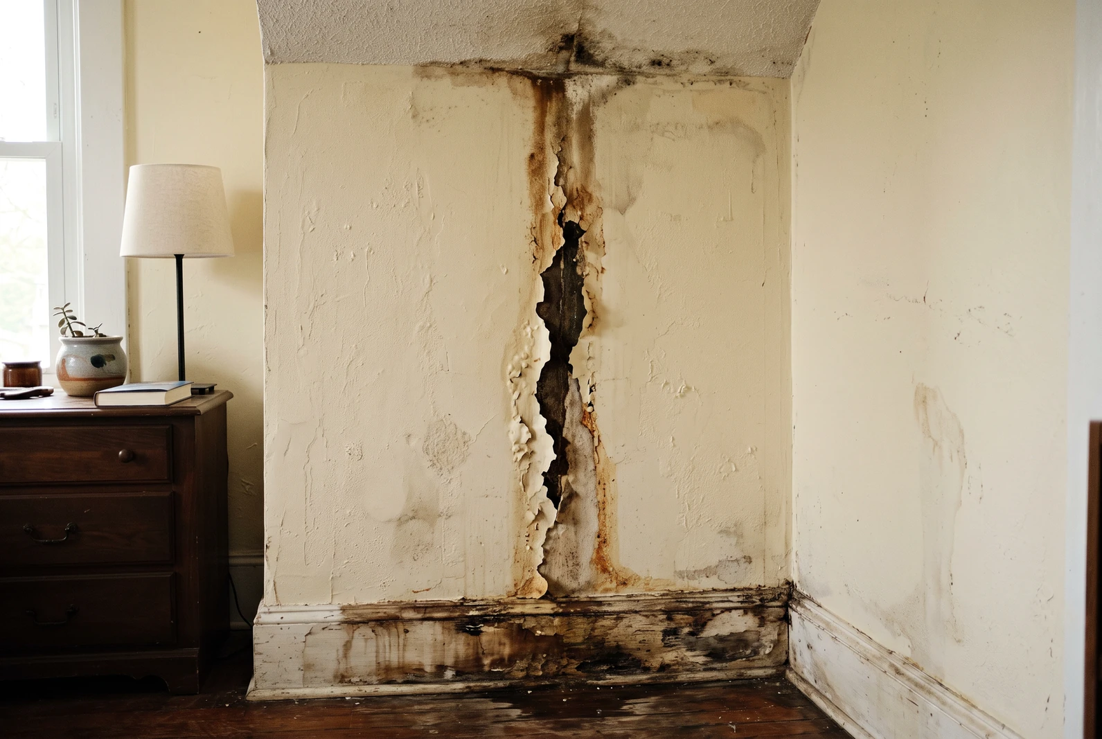 A water stain running down an interior wall from the ceiling junction with the paint lifting away