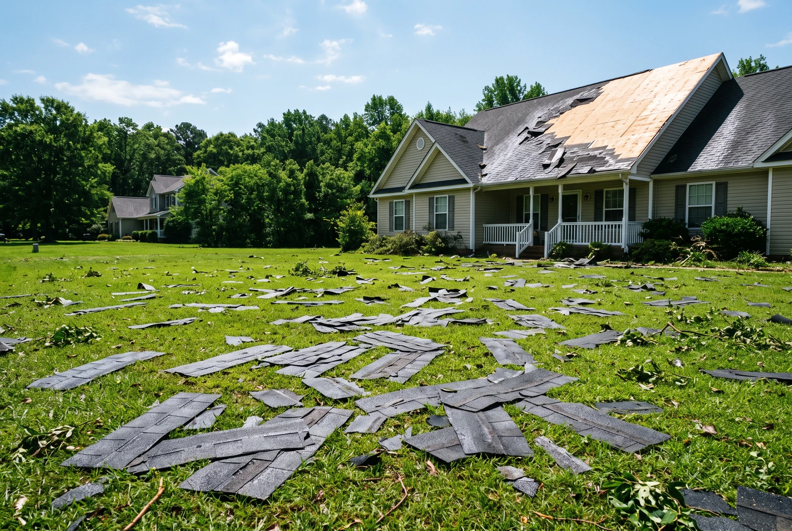 Shingles torn off by a storm and scattered across a lawn, the damaged roof visible behind
