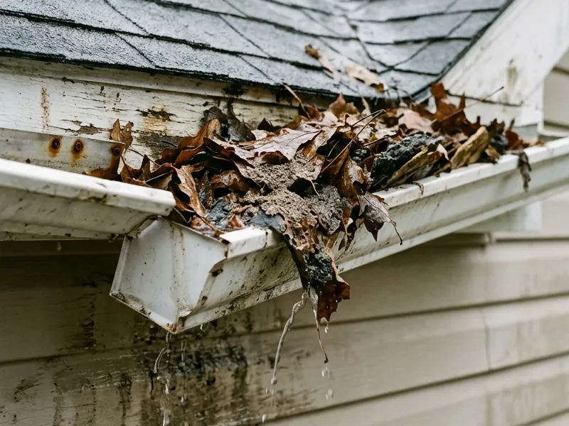 Sagging residential gutter pulling away from the fascia, packed with wet leaves and overflowing