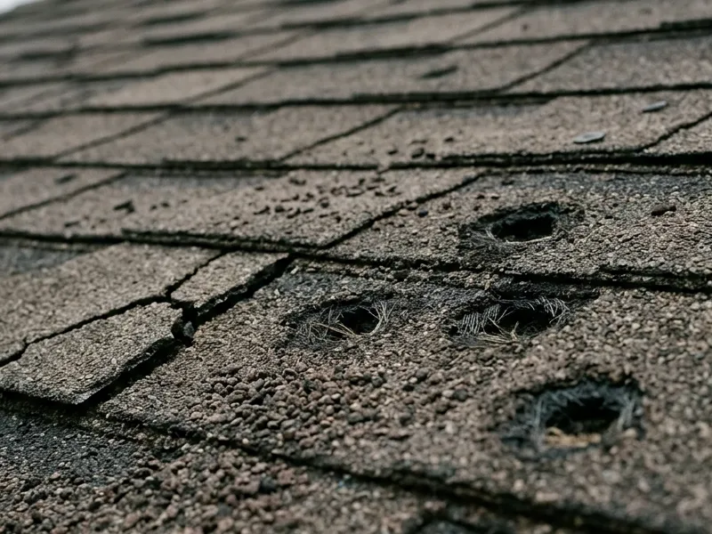 Close view of hail bruising on asphalt shingles with granules knocked away and a cracked tab