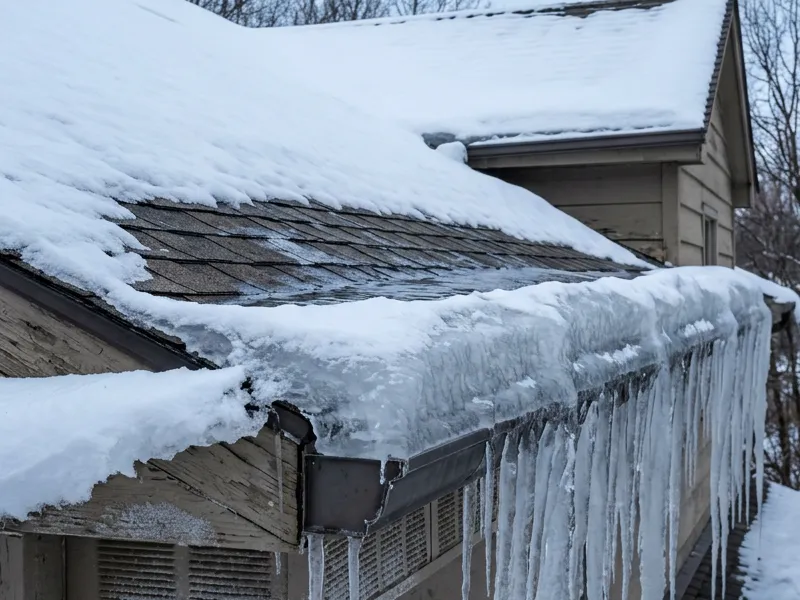 Asphalt shingles lifted and creased by wind, one torn back exposing underlayment