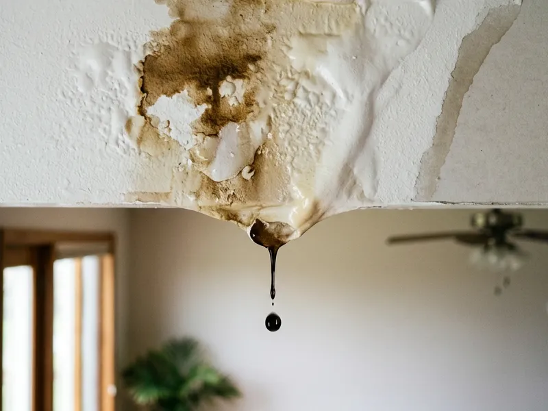 Brown water stain spreading across an interior ceiling with paint bubbling and a drop about to fall