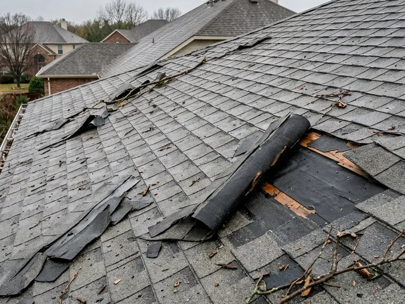 Asphalt shingles lifted and creased by wind, one torn back exposing the underlayment