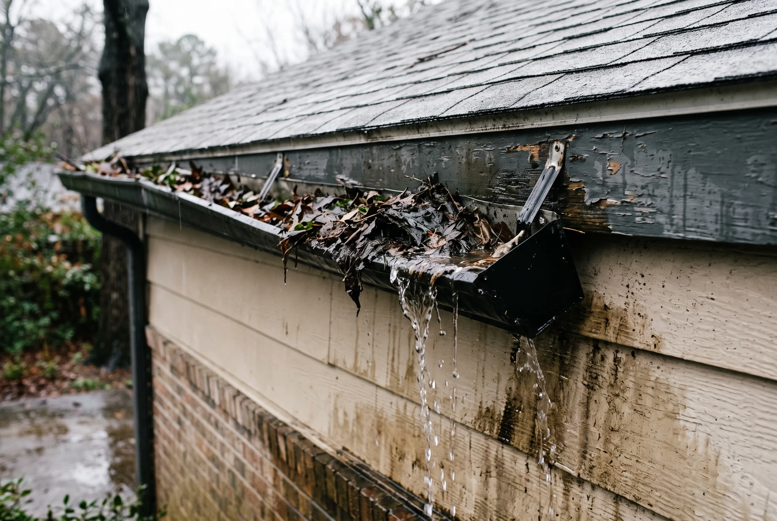 Gutter pulled loose from the fascia and packed with wet leaves, water running down the wall below