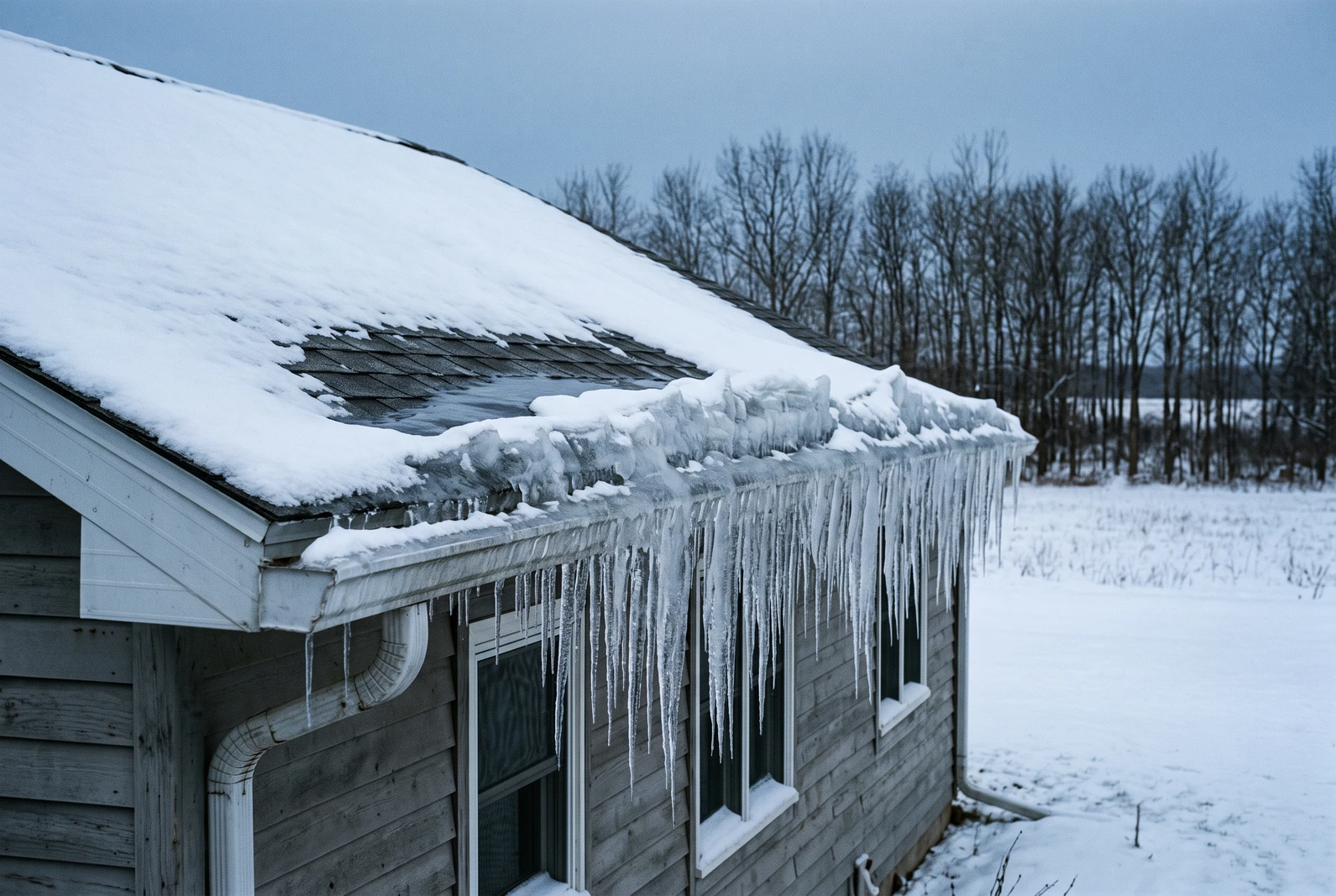 Snow-covered roof eave with a band of ice and a row of icicles hanging from the gutter line