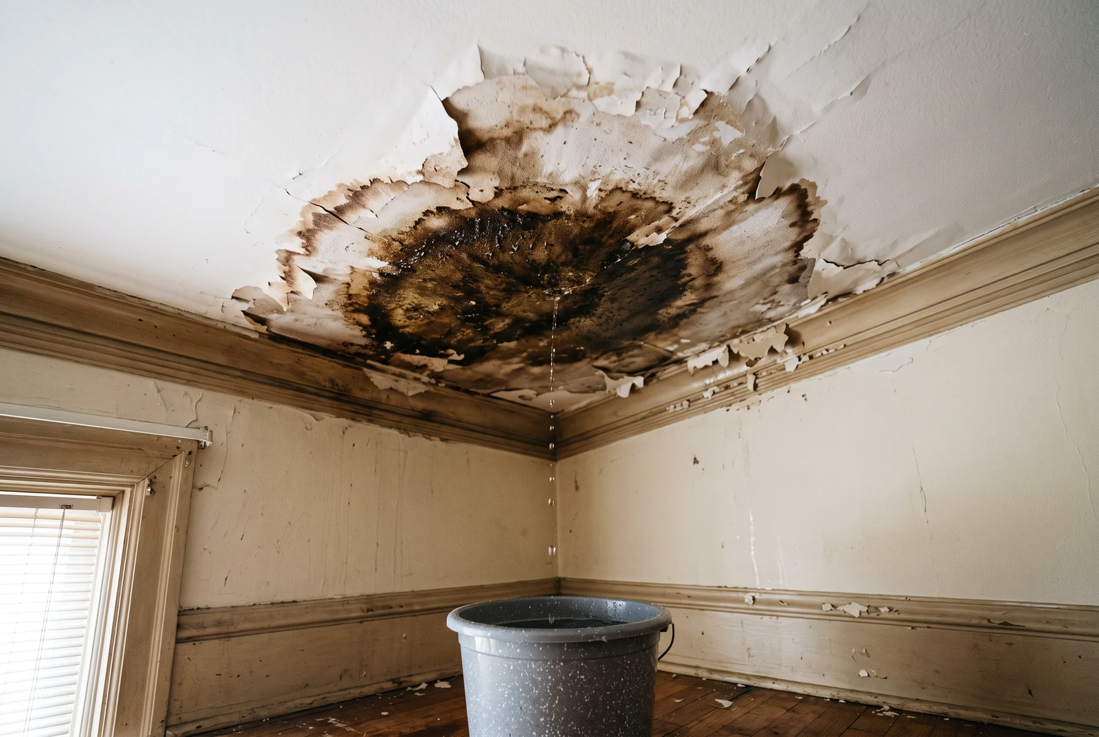 Water-stained residential ceiling with paint peeling away in a ring and a bucket on the floor catching the drip