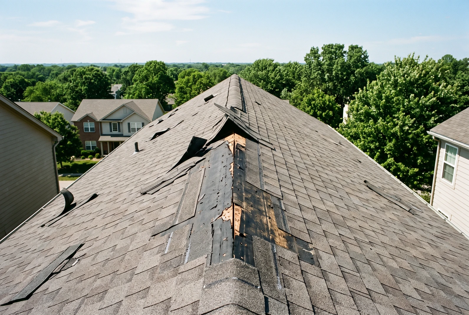 Shingles along a roof ridge lifted and folded back by wind, exposing bare decking beneath