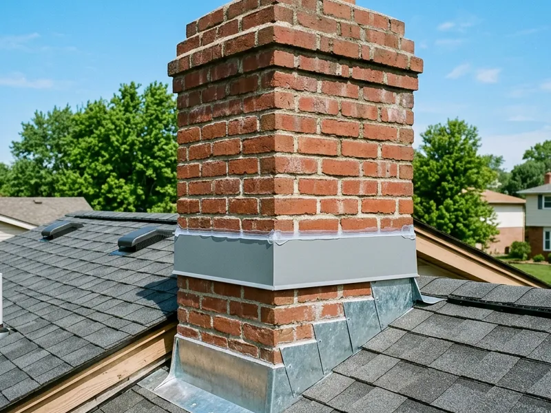 Brick chimney with new metal step flashing woven into the shingle courses