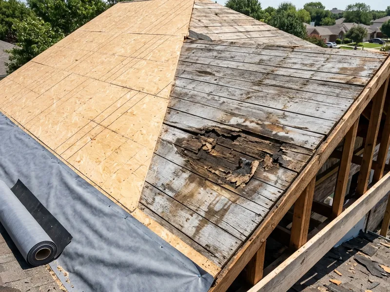 Exposed roof decking during tear-off, new plywood beside water-stained boards