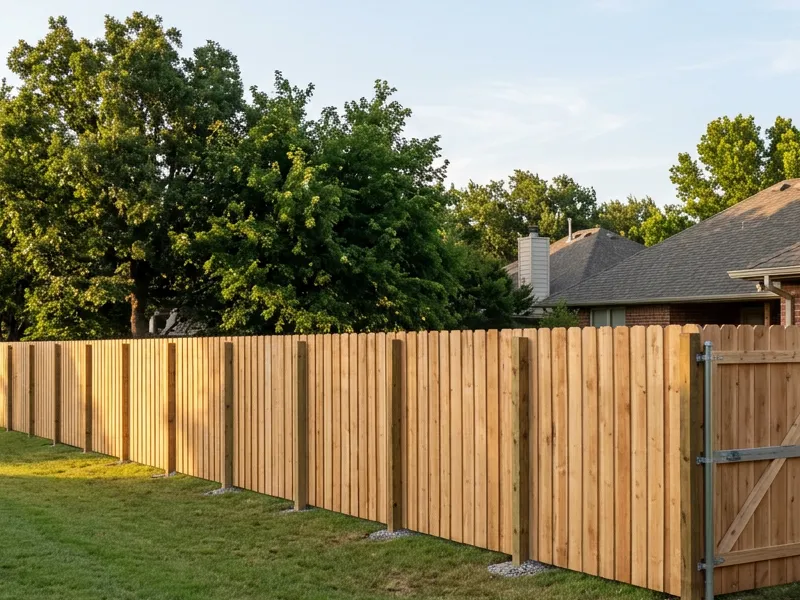 Newly built cedar privacy fence with dog-ear pickets and a gate along a suburban back yard