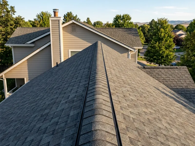 Continuous ridge vent along the peak of a residential shingle roof